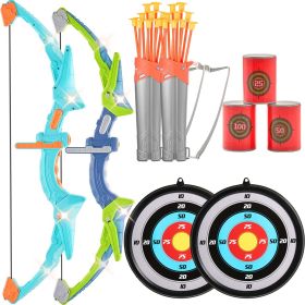 Bow and Arrow Set for Kids, 2 Pack LED Light Up Archery Set with 20 Suction Cup Arrows, 2 Hanging Targets, 2 Quivers, 3 Target Cans