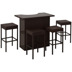 5 Piece Wicker Outdoor Bar Set, High Top Outdoor Table and Chairs, Bar Height Patio Set with Glass Table Top 2 Tier Storage Shelf and 4 Bar Stoo (Option: Brown-800x400x425 mm)