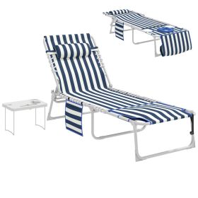 Tanning Chair with Face Hole and Side Table, 5-Position Folding Outdoor Chaise Lounge Chair, Blue and White (Option: Blue and White-780x160x650 mm)
