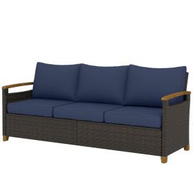 3 Seater Outdoor Couch Sofa, PE Wicker Patio Sofa, Wide Deep Seat, 4" Cushions, Wood-Effect Armrests Legs, Dark Blue (Option: Dark Blue-1190x720x290 mm)