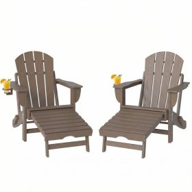 Folding Adirondack Chair Set of 2, HDPE Fire Pit Chair with Retractable Ottoman and Cup Holder, Brown (Option: Brown-900x420x550 mm)