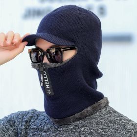 Coral Fleece Women Knitted Hats Add Fur Warm Winter Hats for Women with Zipper Scarf Keep Face Warmer Balaclava Pompoms Cap (Color: navy blue)