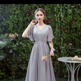 Bridesmaid Long Gray Bridesmaid Sisters Wedding Slimming Off-shoulder Banquet Dress (Option: Gray C-M)